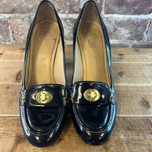 COACH Black Leather Signature Gold Turnlock Buckle DANNA Heel Pumps Size 9.5